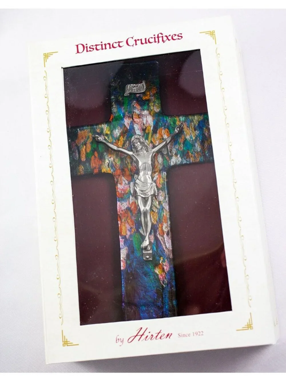 Hirten Company Distinct Crucifixes Multi-Colored Glass Cross Pewter Christ 10